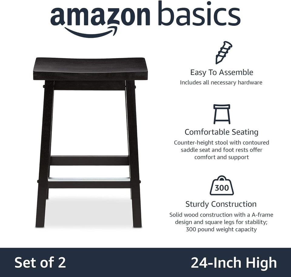Solid Wood Saddle Bar Stool Counter Height Set 2 Black 24In