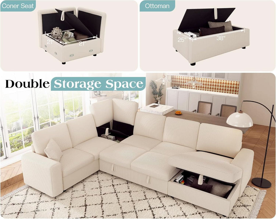 130 Inch Beige Corduroy Sectional Sofa Bed Storage Compartment