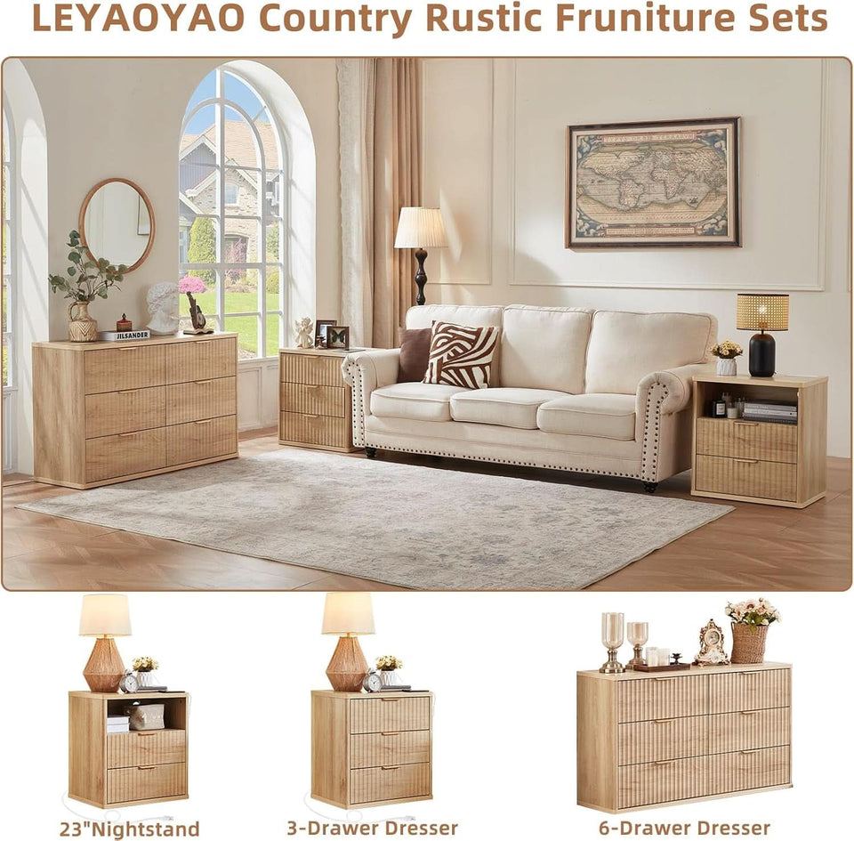 Fluted 6 Drawer Dresser 48 Inch Natural Wood Finish