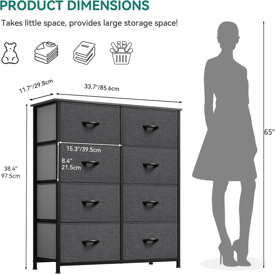 Tall Dresser With 8 Drawers And Fabric Bins For Bedroom