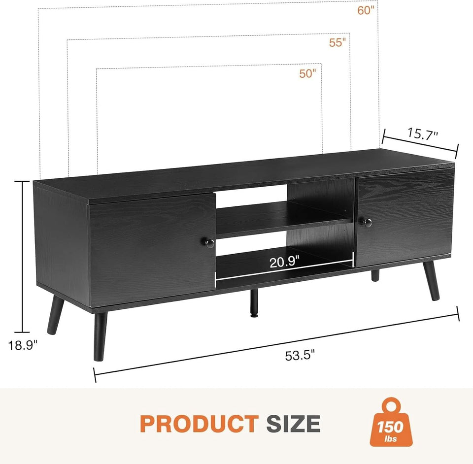 TV Stand For 55-60 Inch TVs Black With Two Cabinets Storage