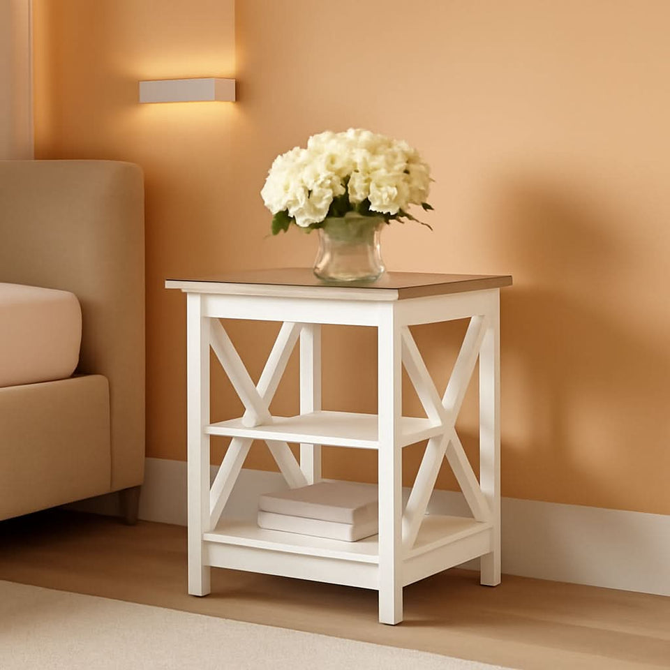 Rustic Ivory End Table Set Of 2 With Shelves 23.6 Inch