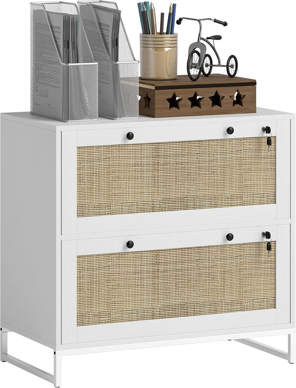 White Rattan 2 Drawer Locking Lateral File Cabinet