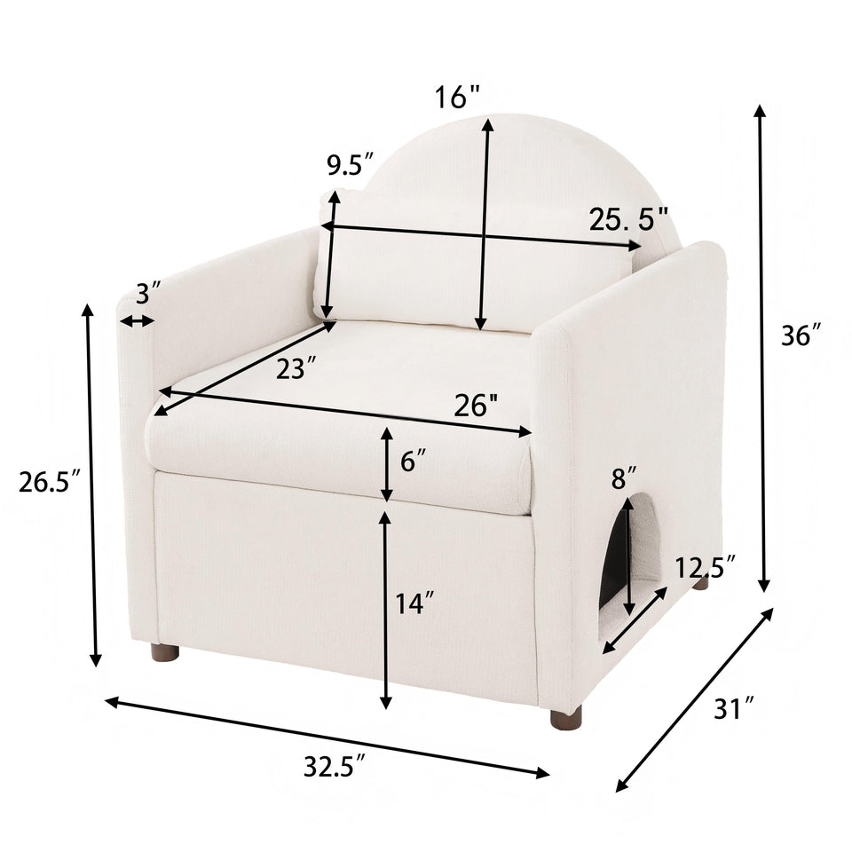 Beige Pet Friendly Accent Chair with Hidden Pet Nook - Acacia Wood