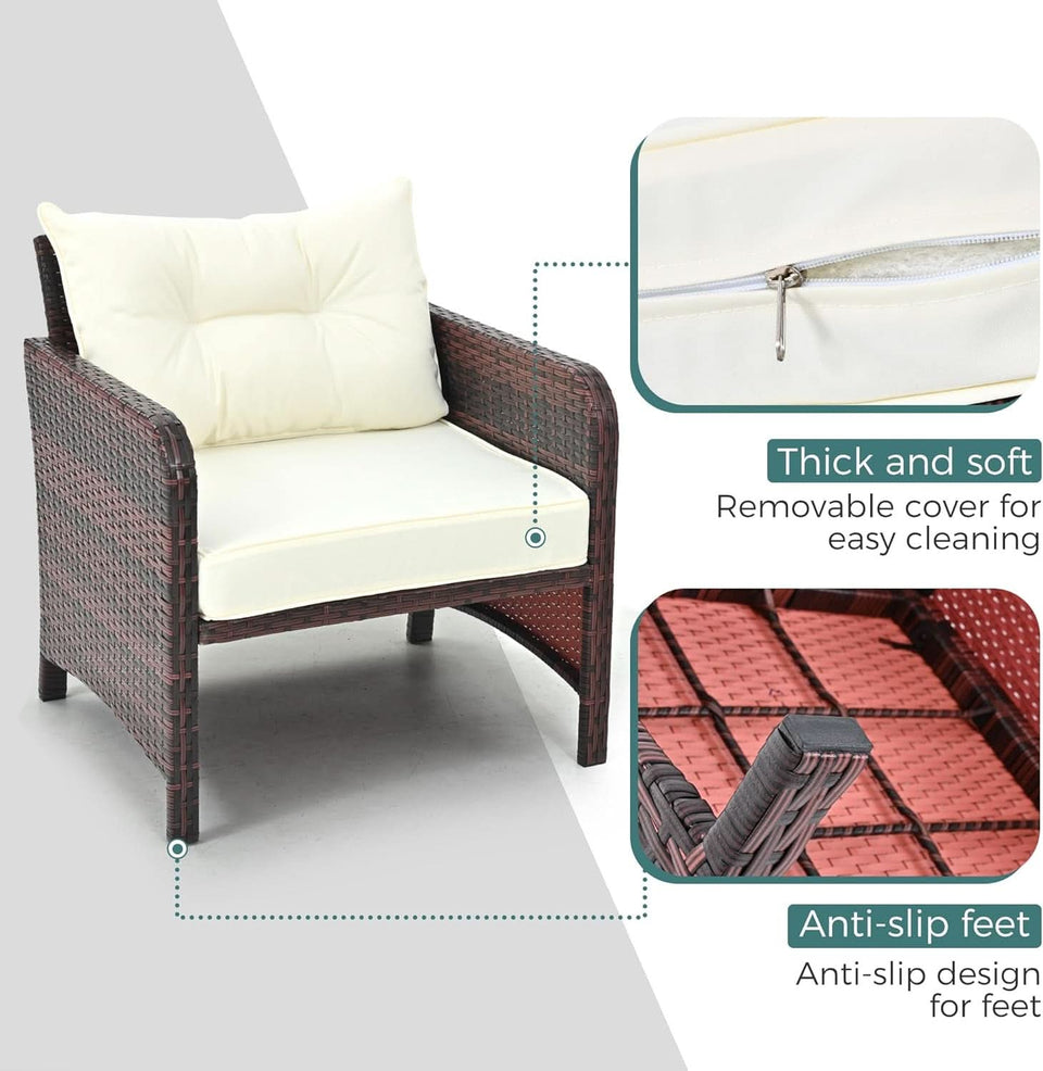 5 Piece Beige Rattan Patio Furniture Set With Ottomans And Coffee Table