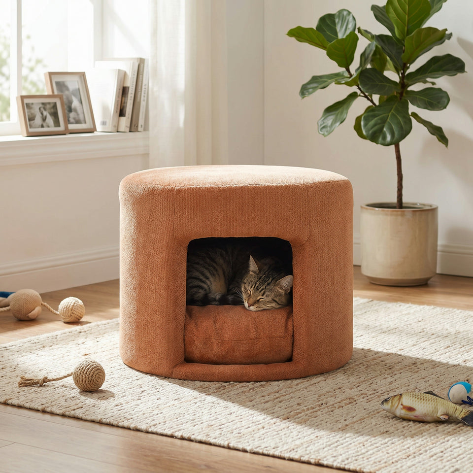 Orange Pet Friendly Ottoman with Removable Cushion and Hidden Pet Nook - Orange