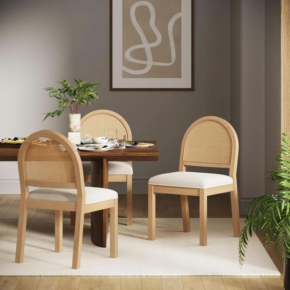 Bailey 19 Inch Boucle Dining Chair With Rattan Back And Wood Legs