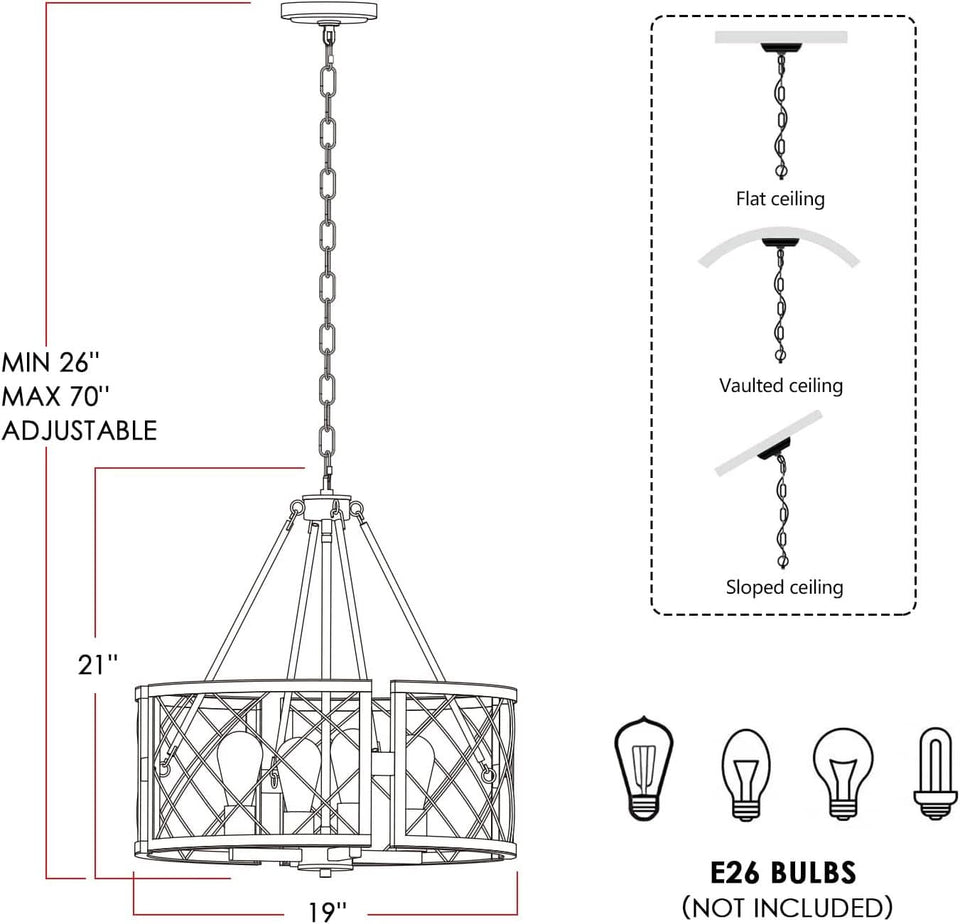 D19 Inch Farmhouse Chandelier 4 Light Pendant Black Oak