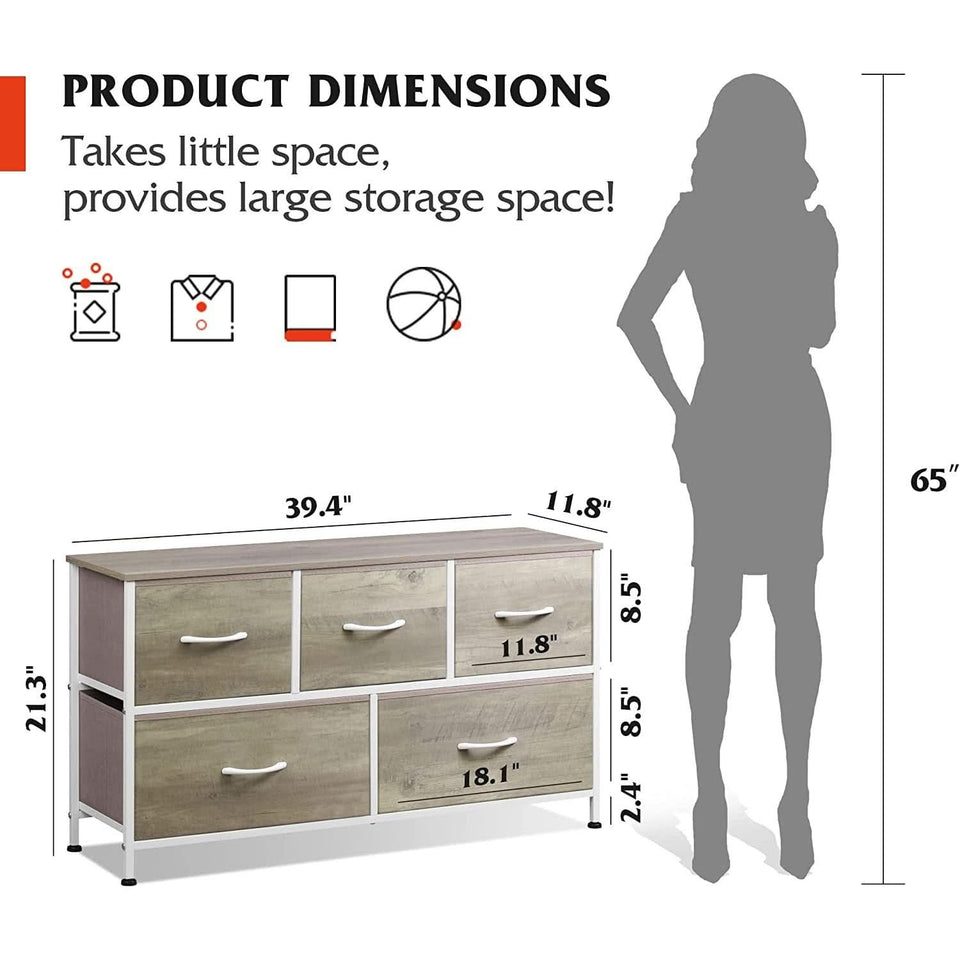 5 Drawer Wide Fabric Dresser Organizer With Wood Top