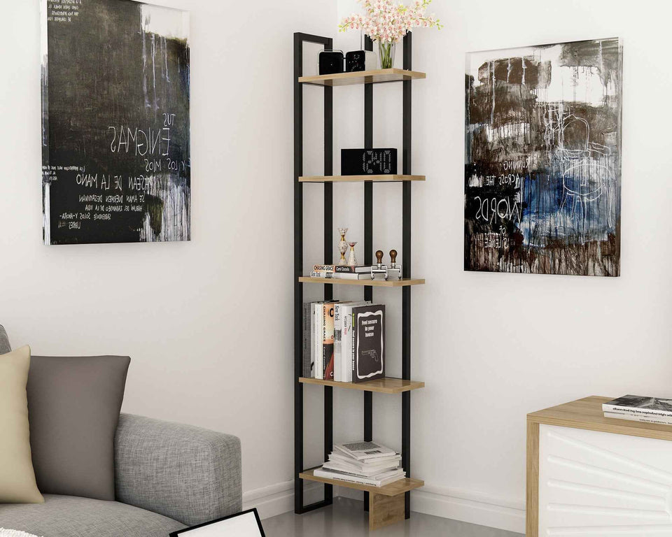 Alice 71" Tall Metal Manufactured Wood Bookcase | Corner Bookcase