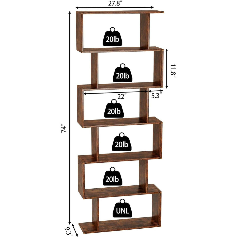 Geometric Bookcase 6 Tier S Shaped Rustic Brown Wood Shelf