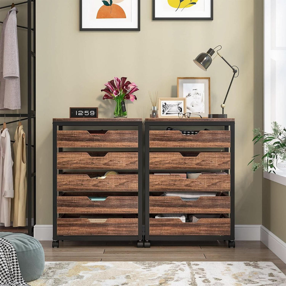 Industrial Five Drawer Wood Dresser Cart BrownFinish