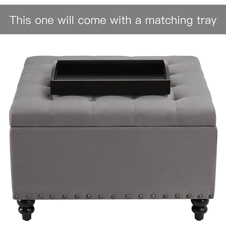 Grey Tufted Storage Ottoman With Tray Square Coffee Table