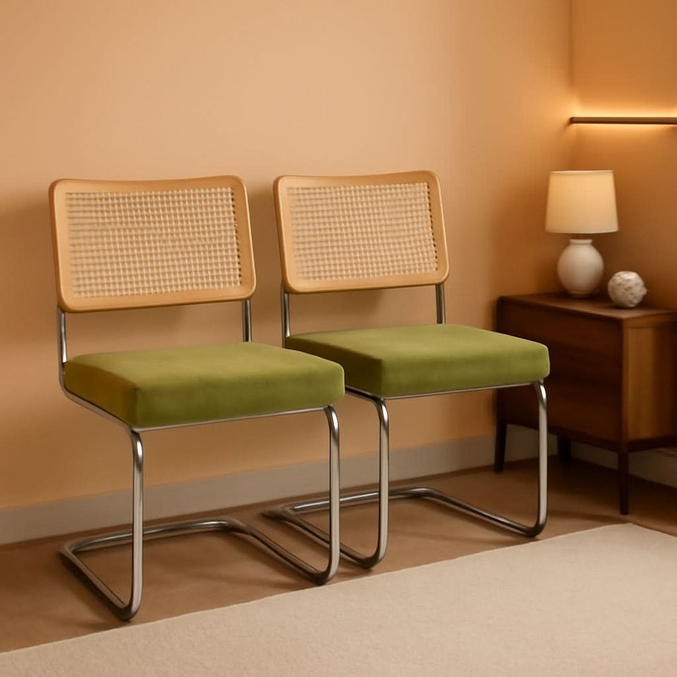 Green Handwoven Cane Dining Chairs Set Of 2 Chrome Base