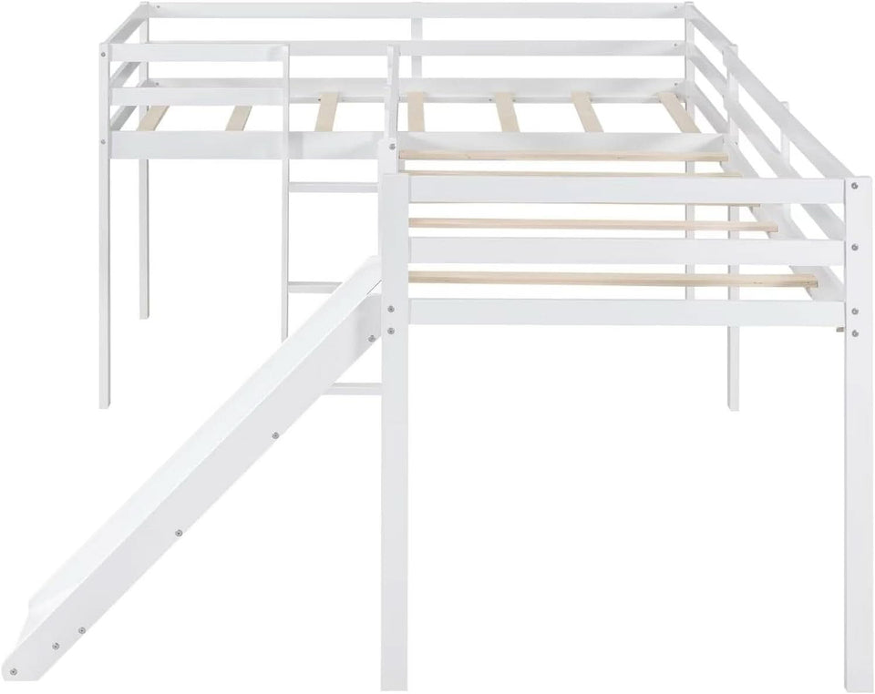 Wooden Twin Loft Bed With Slide And Ladder White For Kids Teens