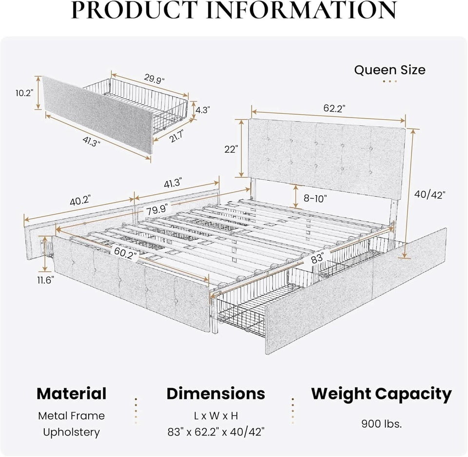 Upholstered Queen Platform Bed Frame With 4 Storage Drawers