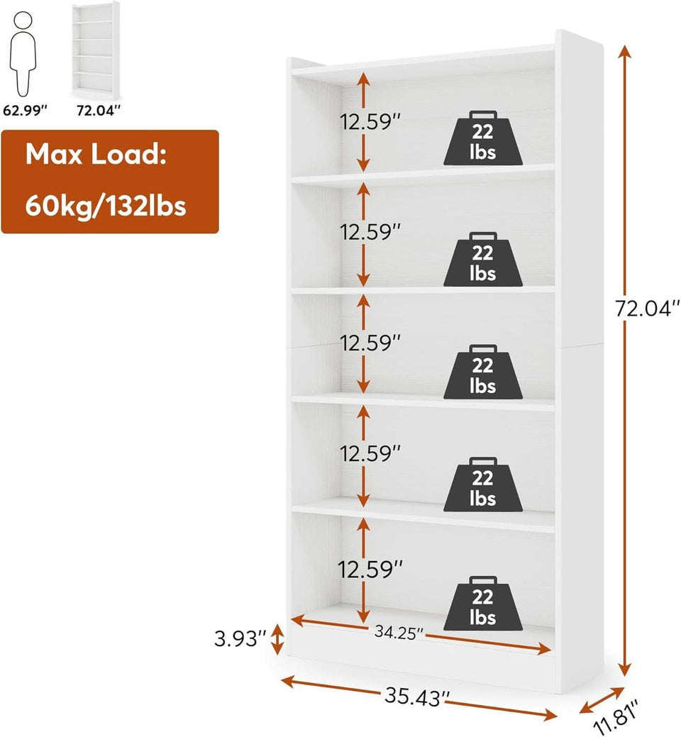 Tall White Six Tier Bookcase 72 Inches Contemporary Wood