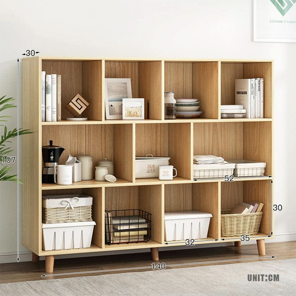 Open Cube Low Bookcase 3 Tier Freestanding Oak Finish