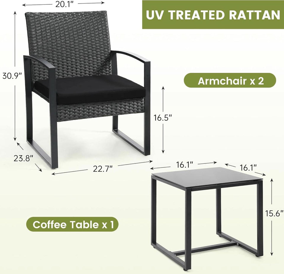 Three Piece Wicker Patio Bistro Set With Coffee Table Black Frame For Balcony Porch And Garden Outdoor