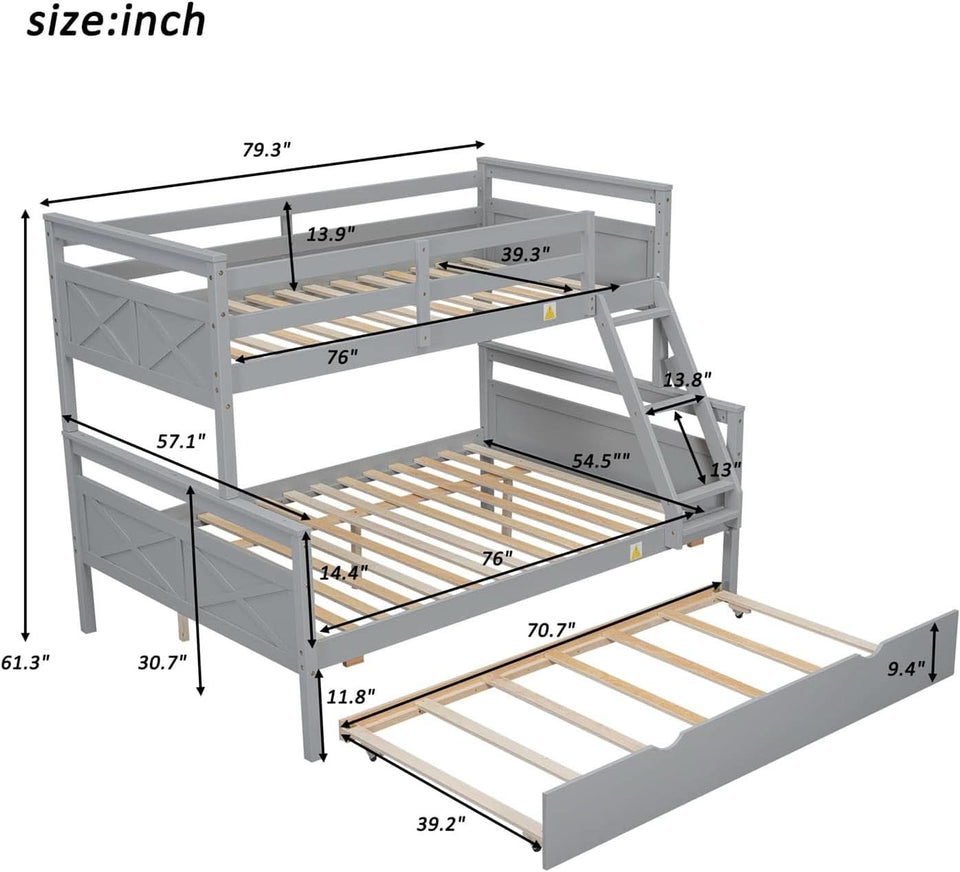 Grey Trundle Bunk Bed Twin Over Full With Guardrail