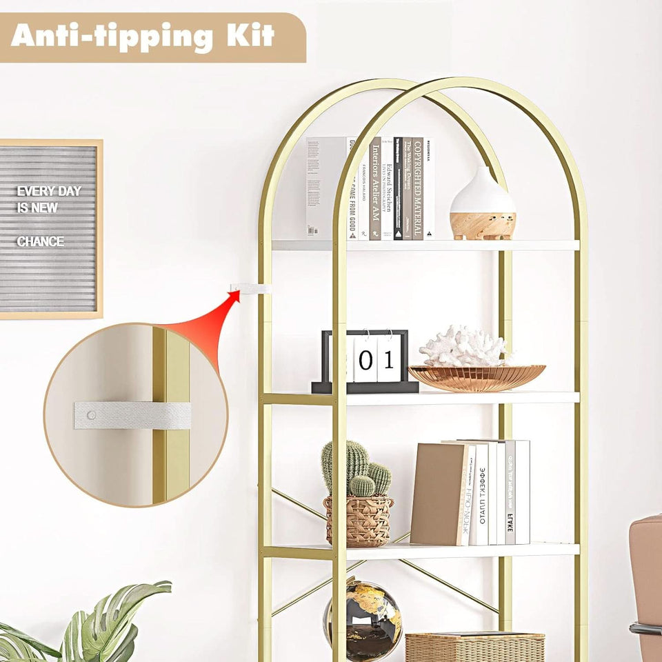 5 Tier Bookshelf Arched Display White Gold Metal Frame Bookcase