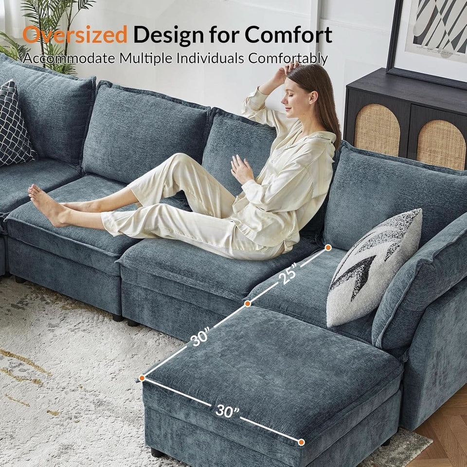 127 Inch Modular Sectional Sofa Blue Chenille U Shaped