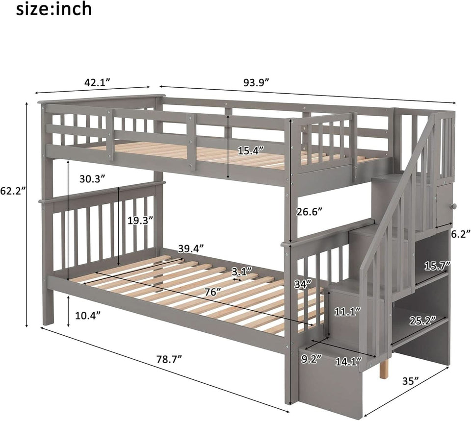Twin Over Twin Bunk Beds With Stairs Grey For Kids Dorm