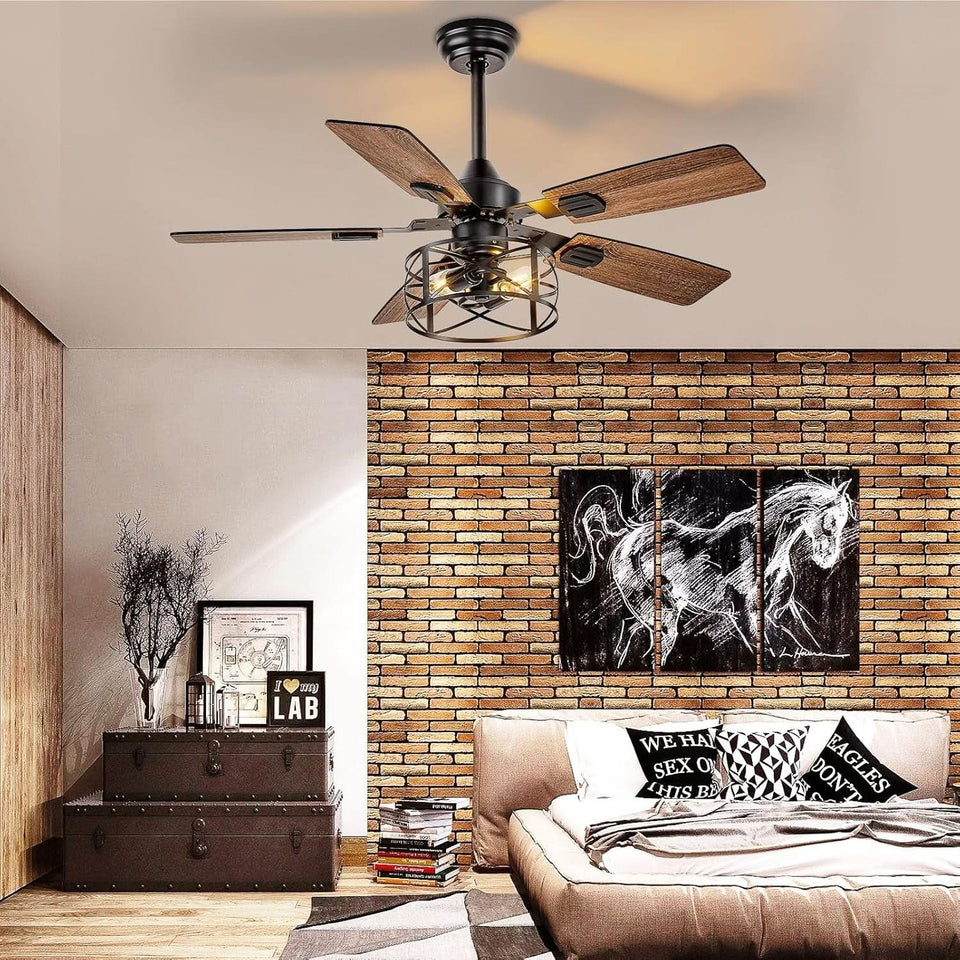 42 Inch Farmhouse Cage Ceiling Fan With Remote E26 Bulbs