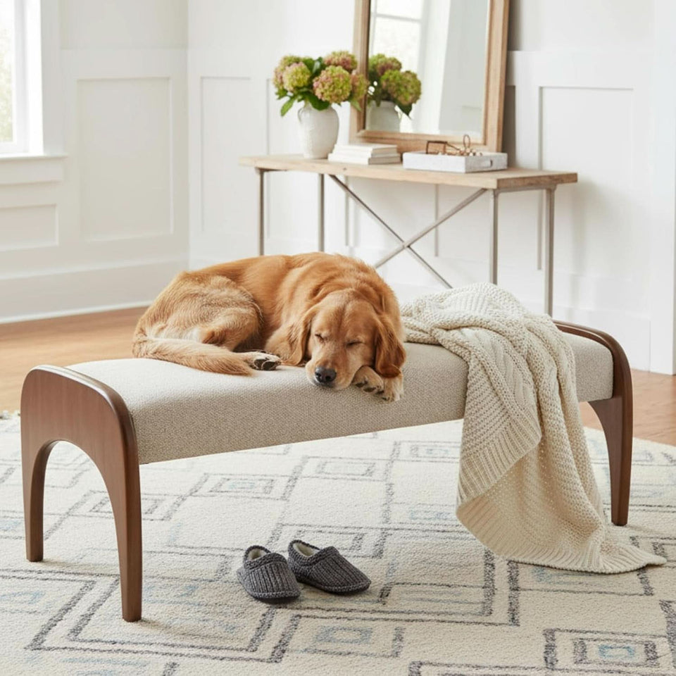 51-Inch Wide Ottoman Bench Beige Sherpa Upholstery