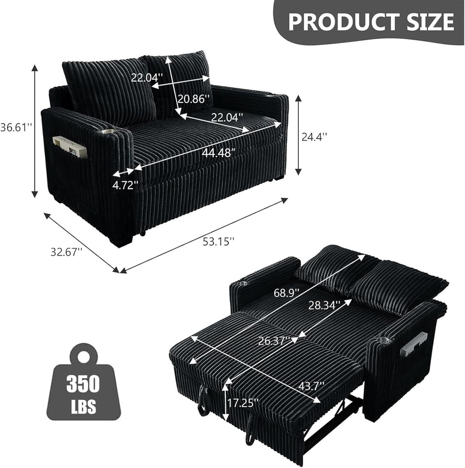 53 Inches Black Corduroy Fabric Sleeper Sofa USBPort