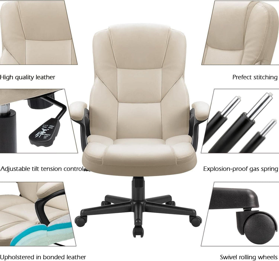 Beige High Back Office Chair With Adjustable Height And Lumbar Support