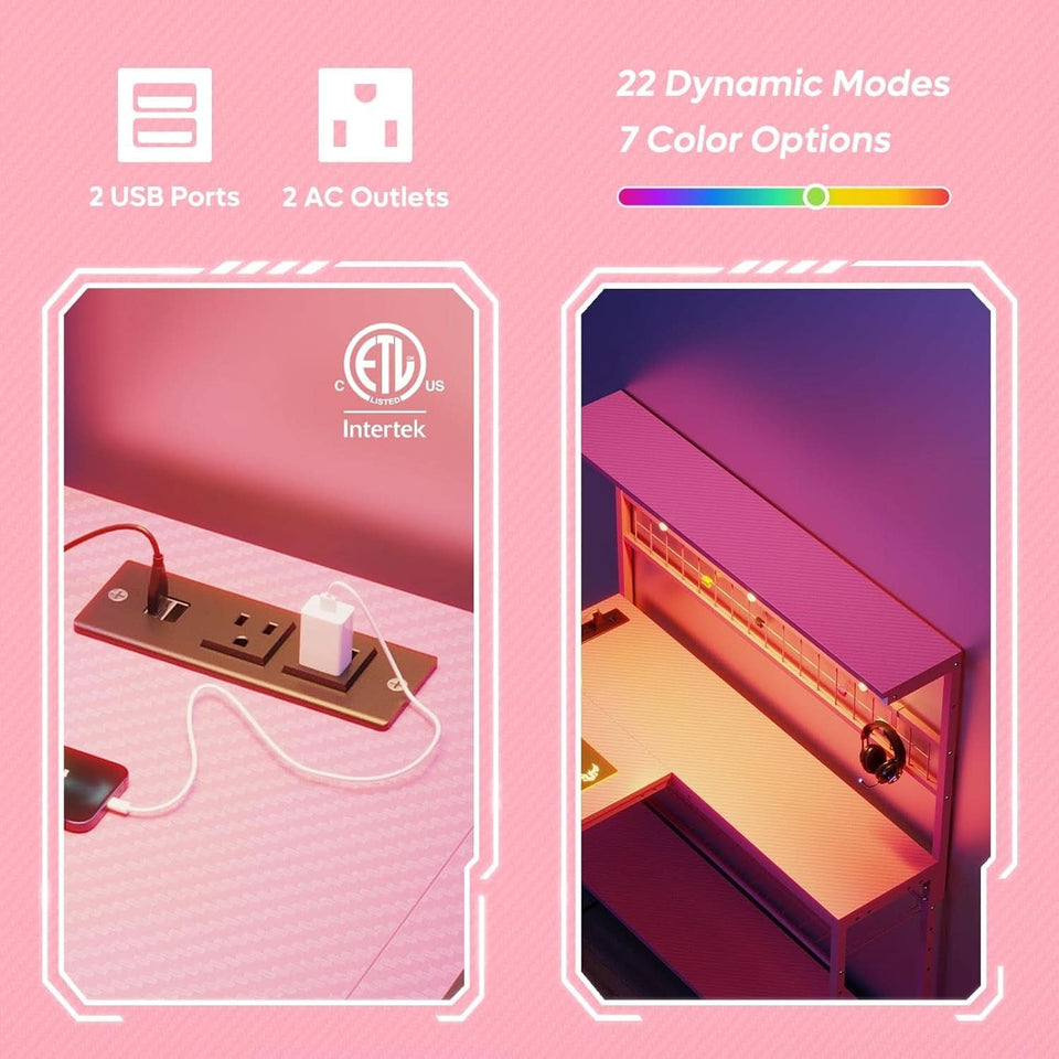 51 Inch L Shaped Gaming Desk Pink With Power Outlets And LED Lights