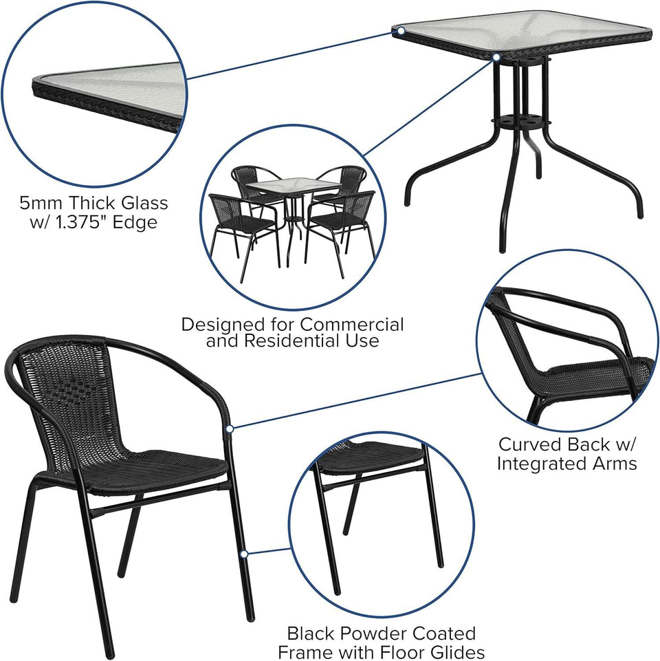 28 Inch Square Patio Table And Rattan Chairs Set Black