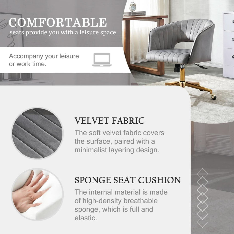 Grey Velvet Home Office Chair With 360 Swivel And Gold Base