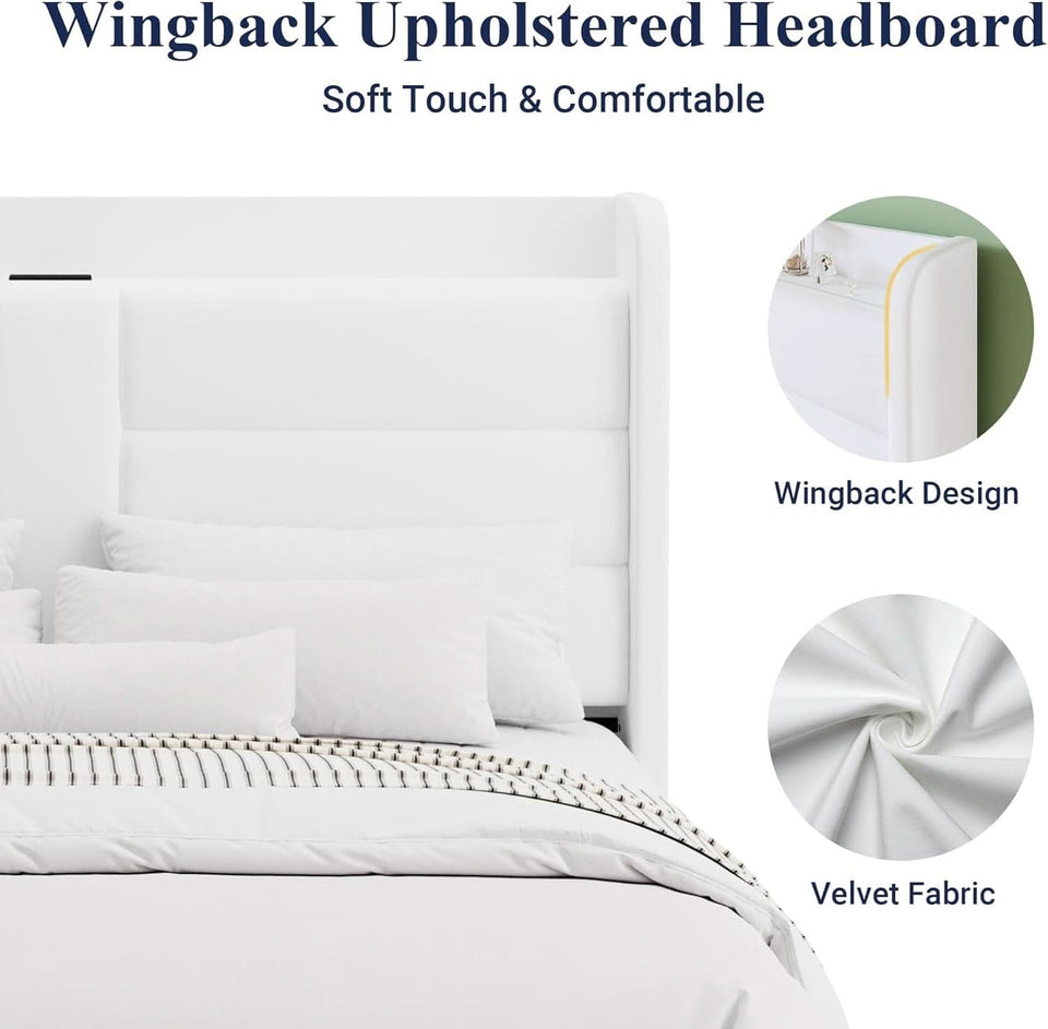 Full Size Platform Bed Frame With USB Charging Station And Storage Headboard