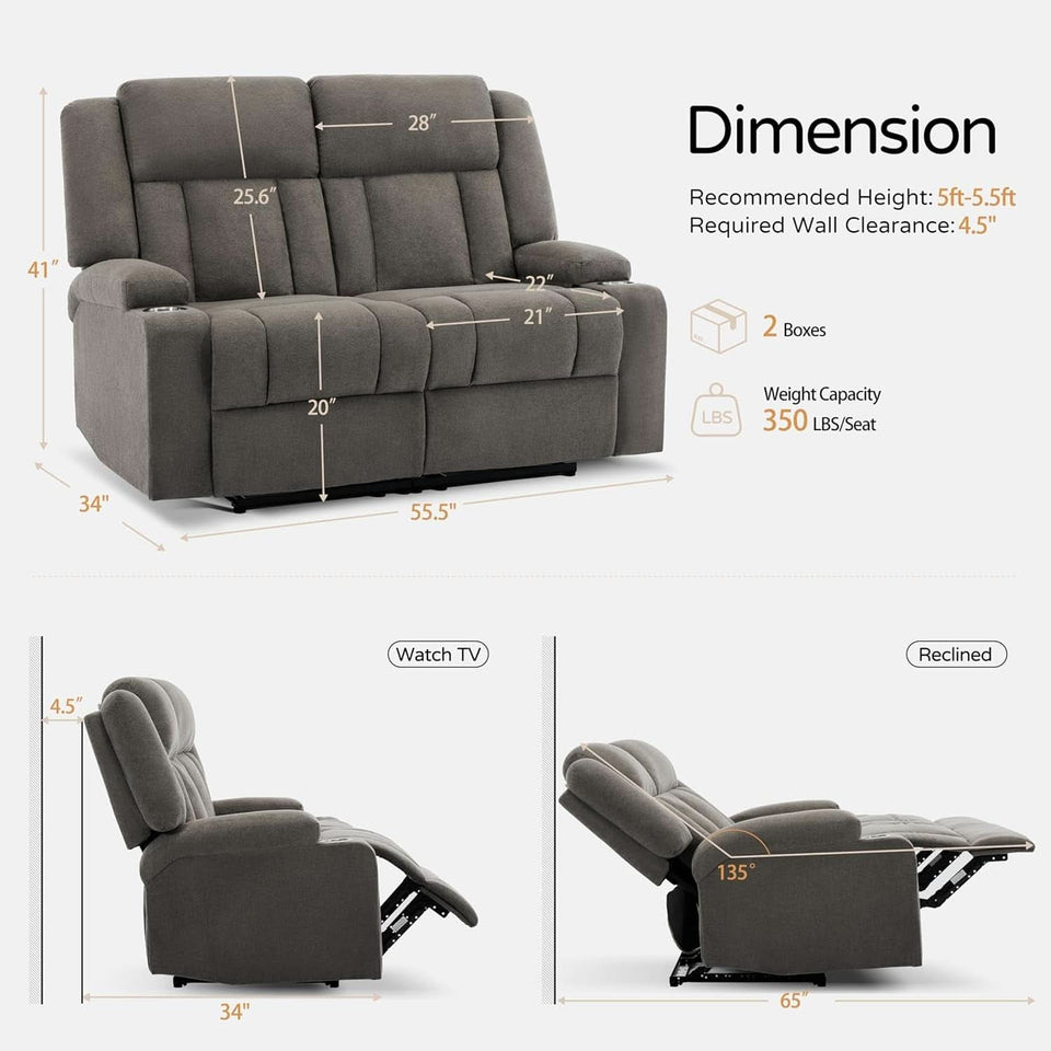 Manual Fabric Recliner Loveseat Sofa With Cup Holders 2 Seater Light Brown