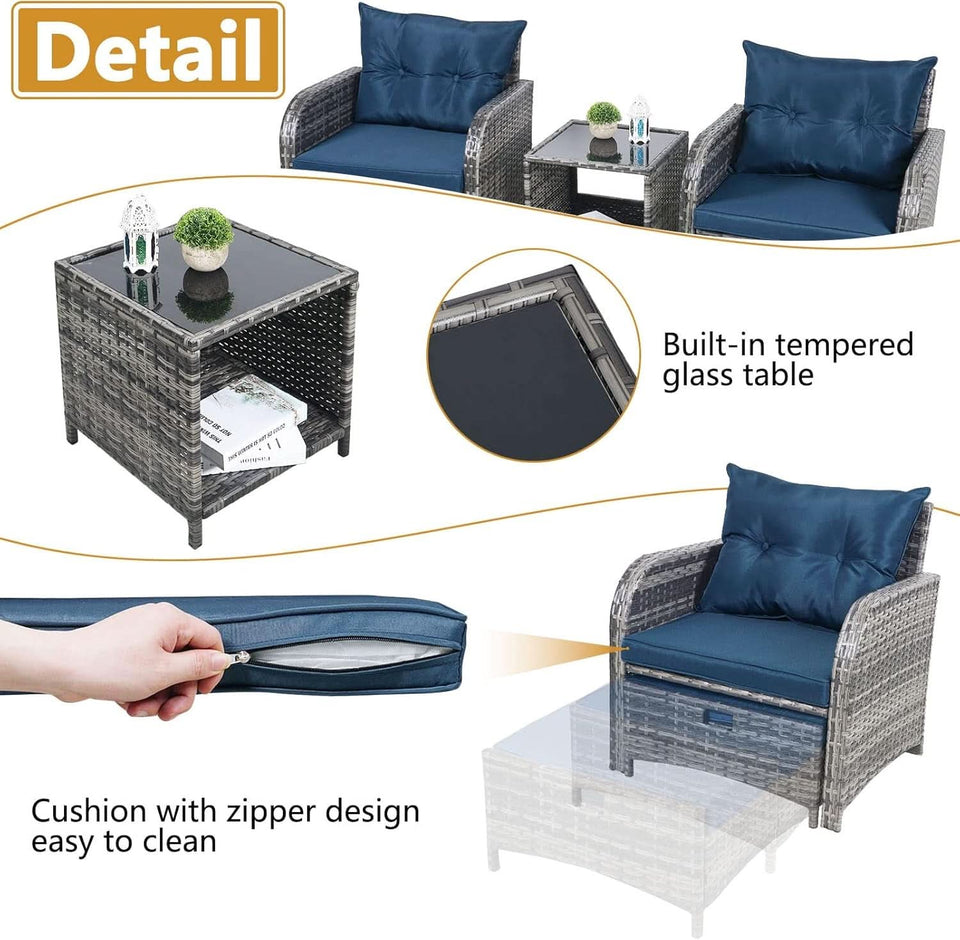 5 Pieces Wicker Outdoor Patio Chairs Set With Ottoman Blue