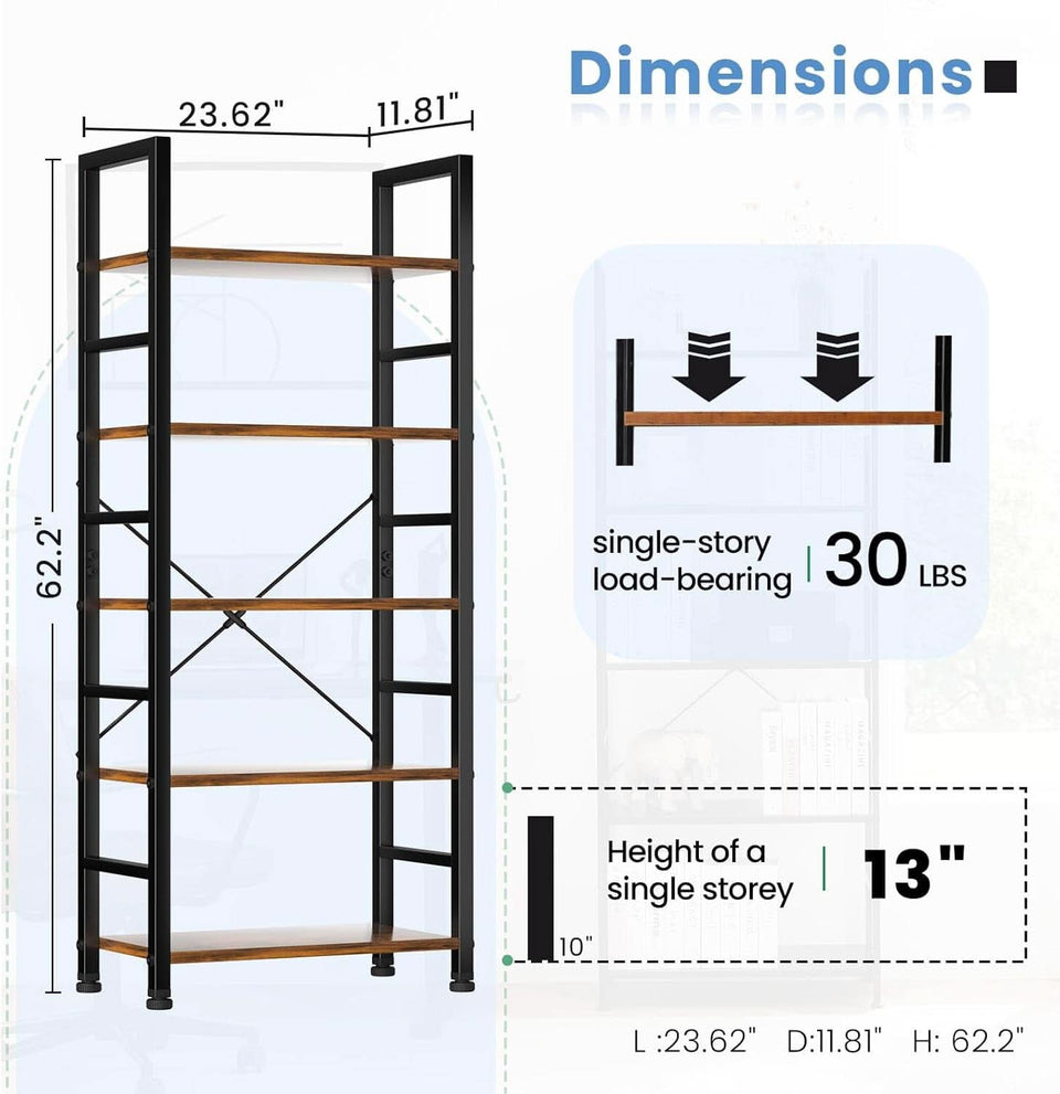 Rustic Brown Five Tier Bookshelf Narrow Space Saver