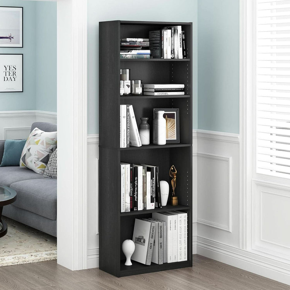 Jaya Simply Home 5 Shelf Bookcase 5 Tier Black With Adjustable Shelves