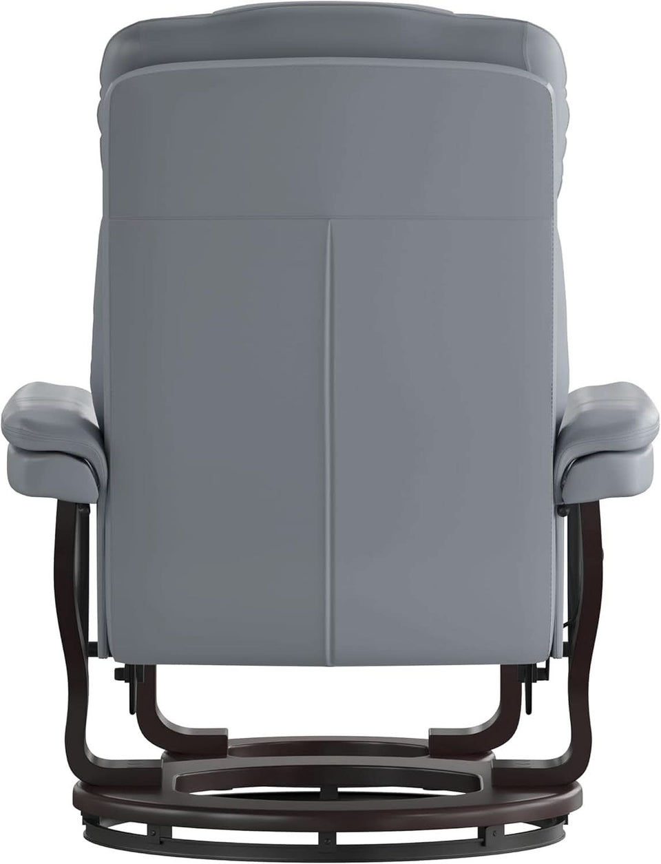 Gray Recliner With Swivel Mahogany Base And Ottoman