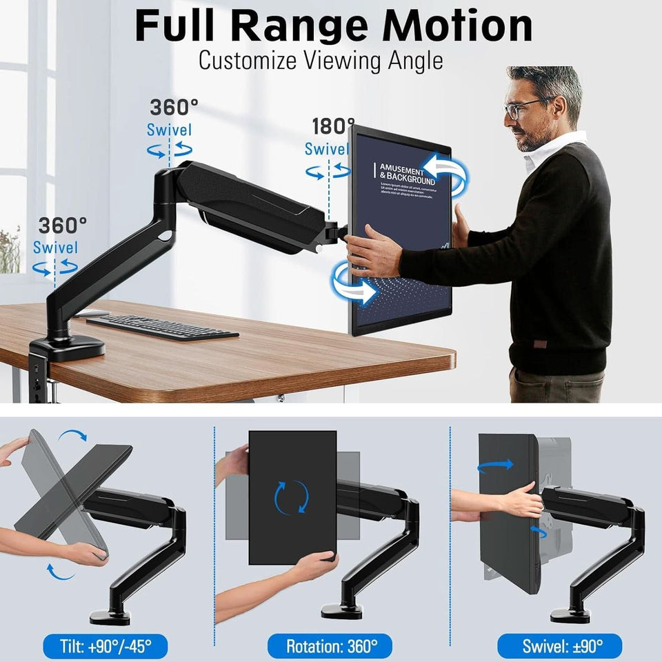 32 Inch Gas Spring Monitor Arm With Clamp VESA Black