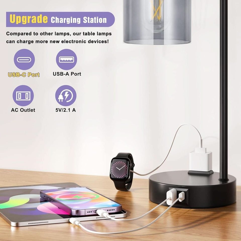 3-Way Dimmable USB Table Lamps With Gray Glass Shade Pair