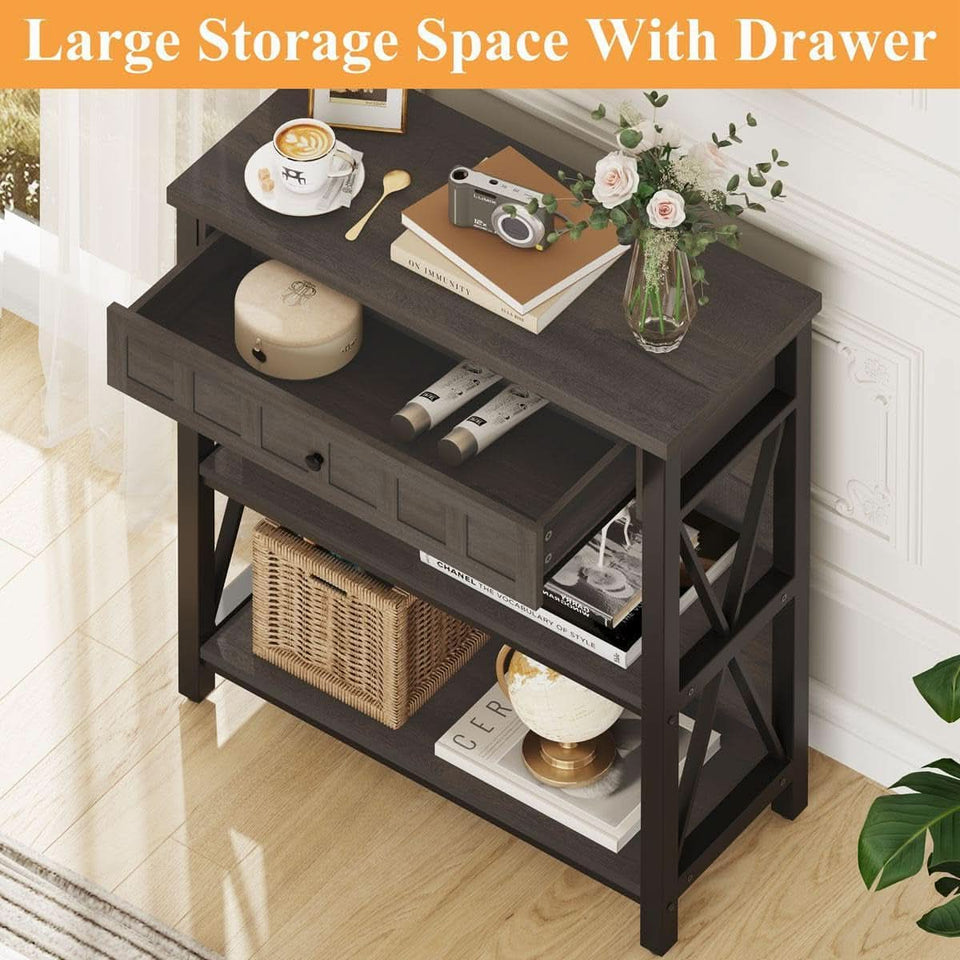 Rustic Bookshelf With Drawer Walnut Brown Industrial Wood And Metal