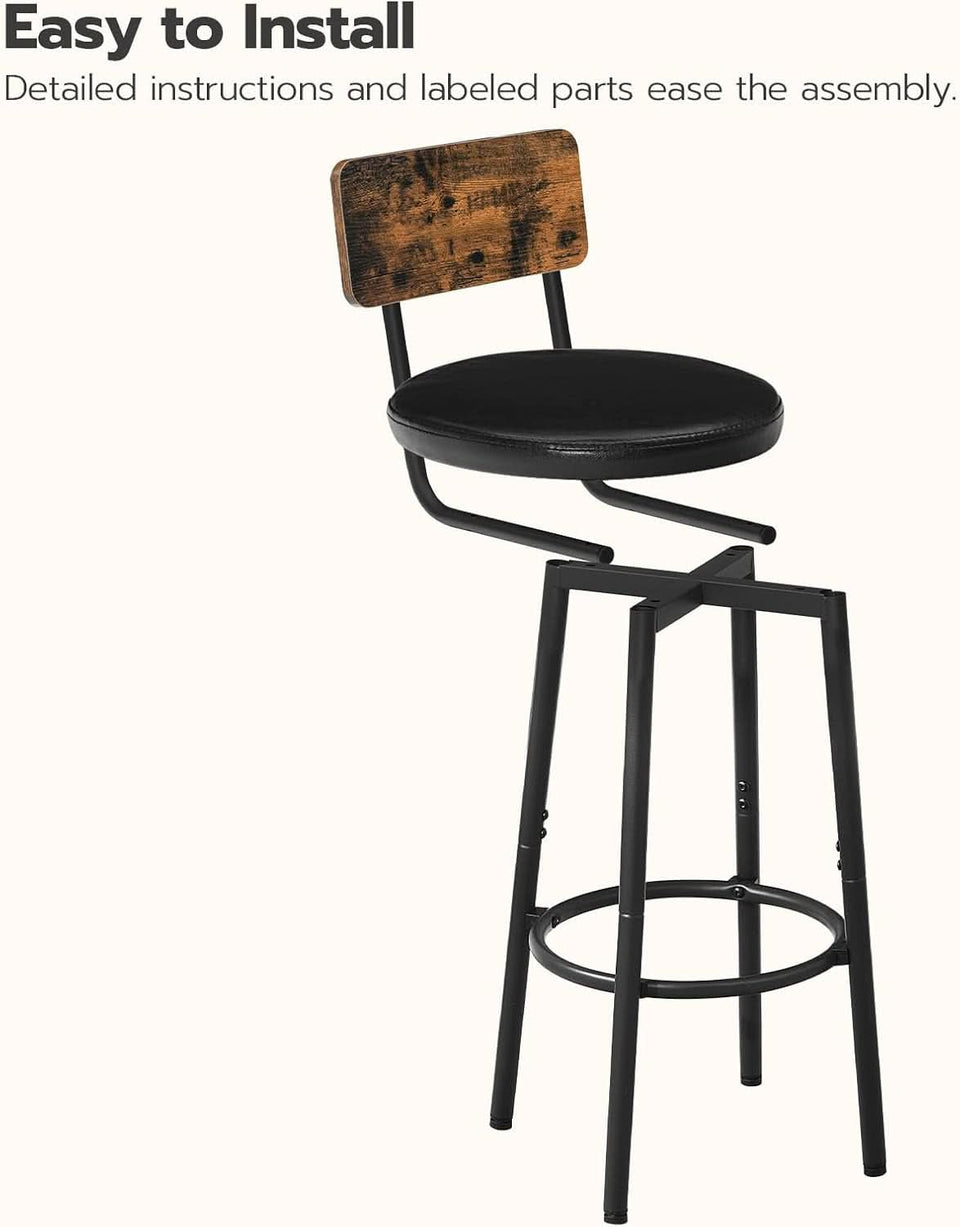 Rustic Brown PU Bar Stools Set of 2 26 Inch With Footrest