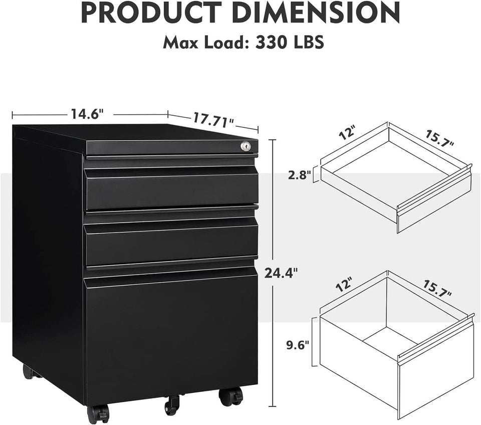 Three Drawer File Cabinet On Wheels With Lock Black Metal