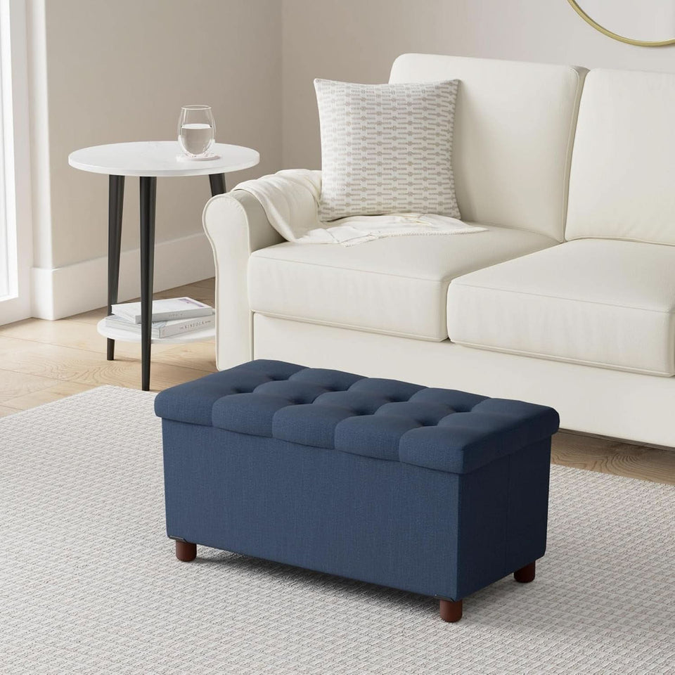 Blue Linen 30-Inch Storage Ottoman Bench Removable Lid