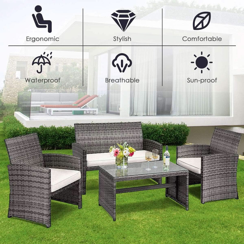 4 Piece Wicker Patio Conversation Set With Soft Cushions