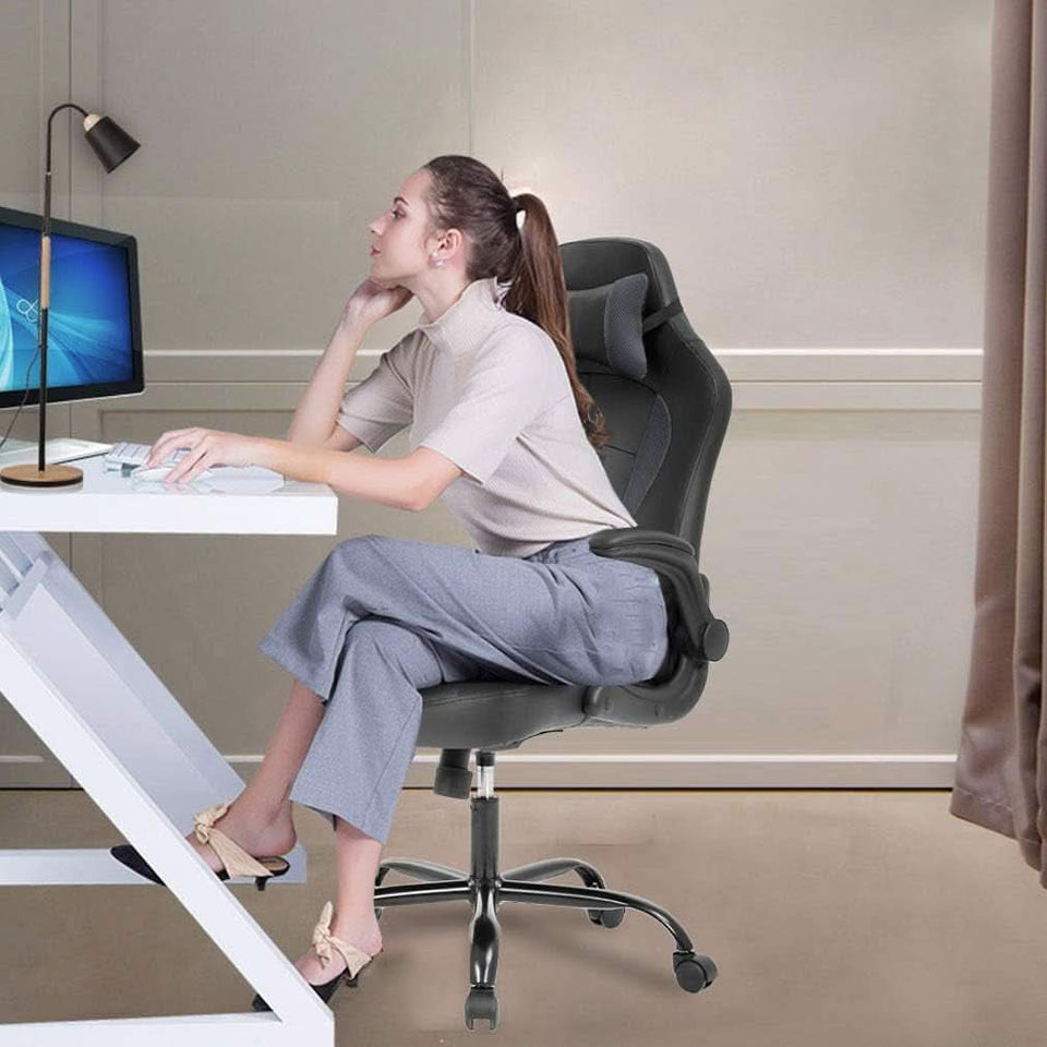 Grey Ergonomic PC Gaming Chair With Lumbar Support And Flip Up Arms