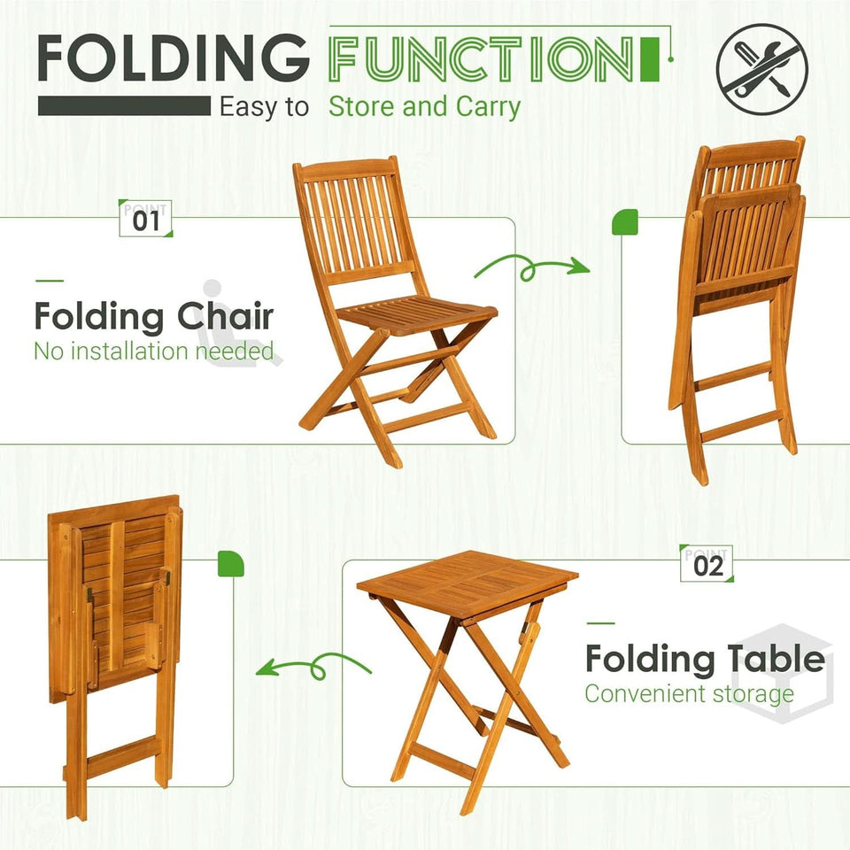 3 Piece Patio Folding Bistro Set With 2 Cushions Acacia Wood Outdoor Furniture For Pool And Garden