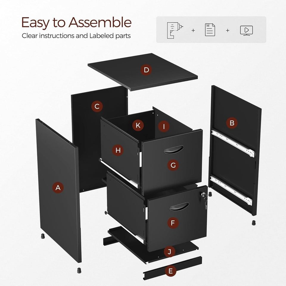 2 Drawer Locking Vertical File Cabinet Black Metal For Hanging Files Letter A4 Documents